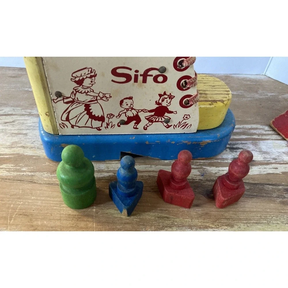 Vintage Sifo child's preschool wood lacing toy puzzle Old Woman in Shoe 1960's